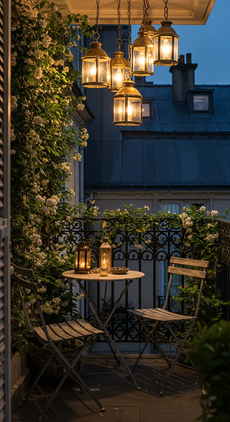 Romantisch balkon in Parijse stijl met hangende lantaarns en klimrozen.