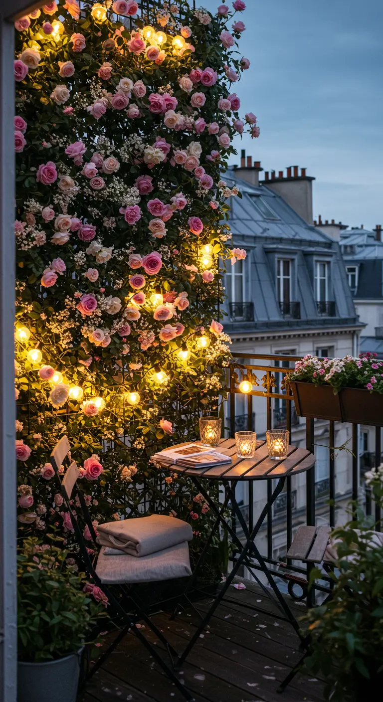 Balkon in Parijs met een volle muur van roze rozen en sfeerlichtjes.