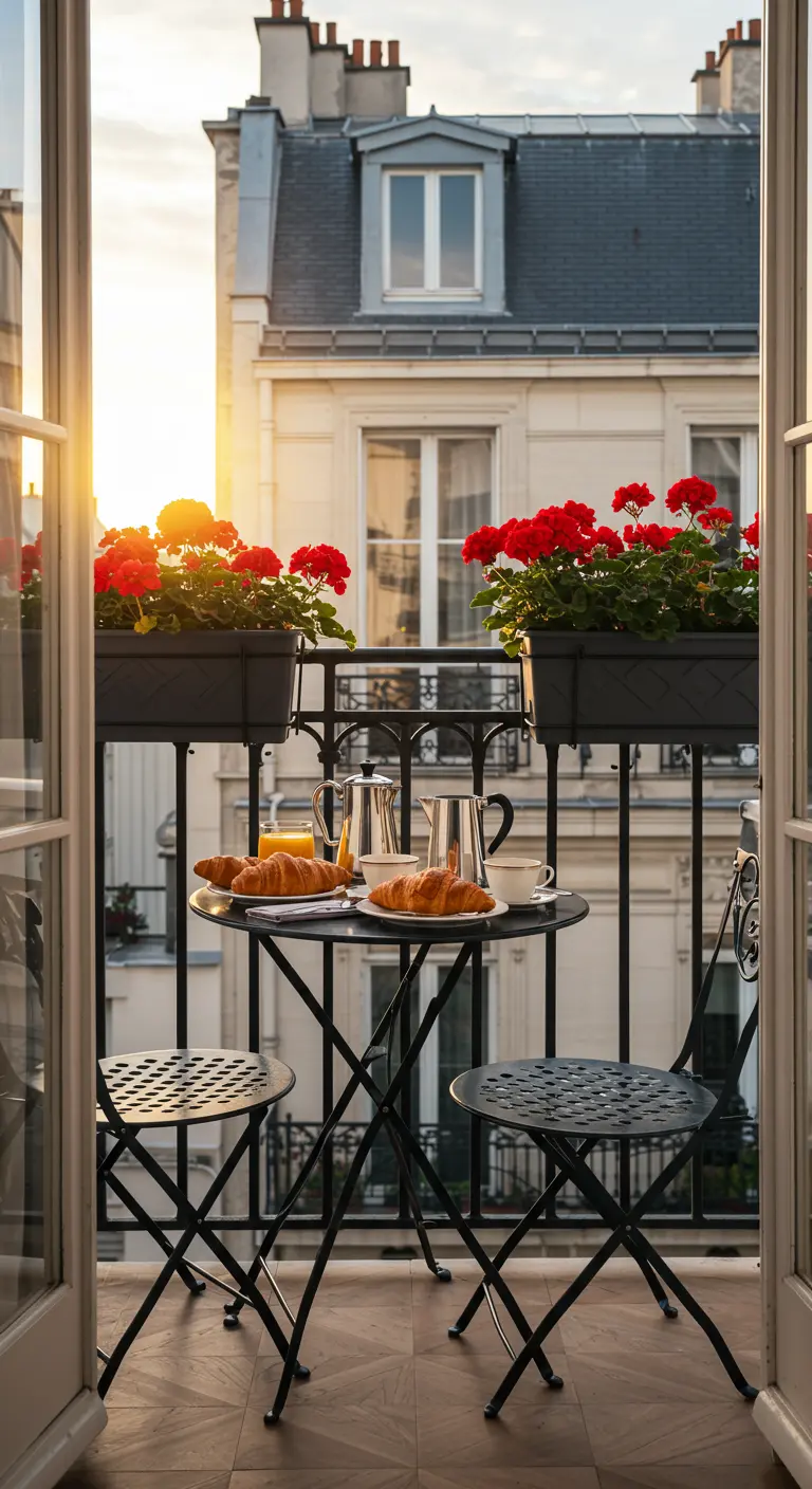 Zwart bistrotsetje op een Parijs balkon met rode geraniums en croissants bij zonsopgang.