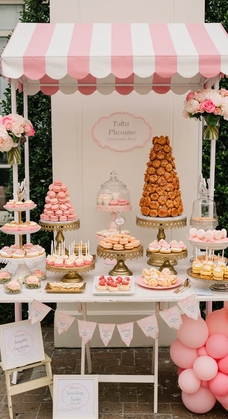 Snoepkraam in Parijse stijl met roze en witte luifel en diverse patisserie.