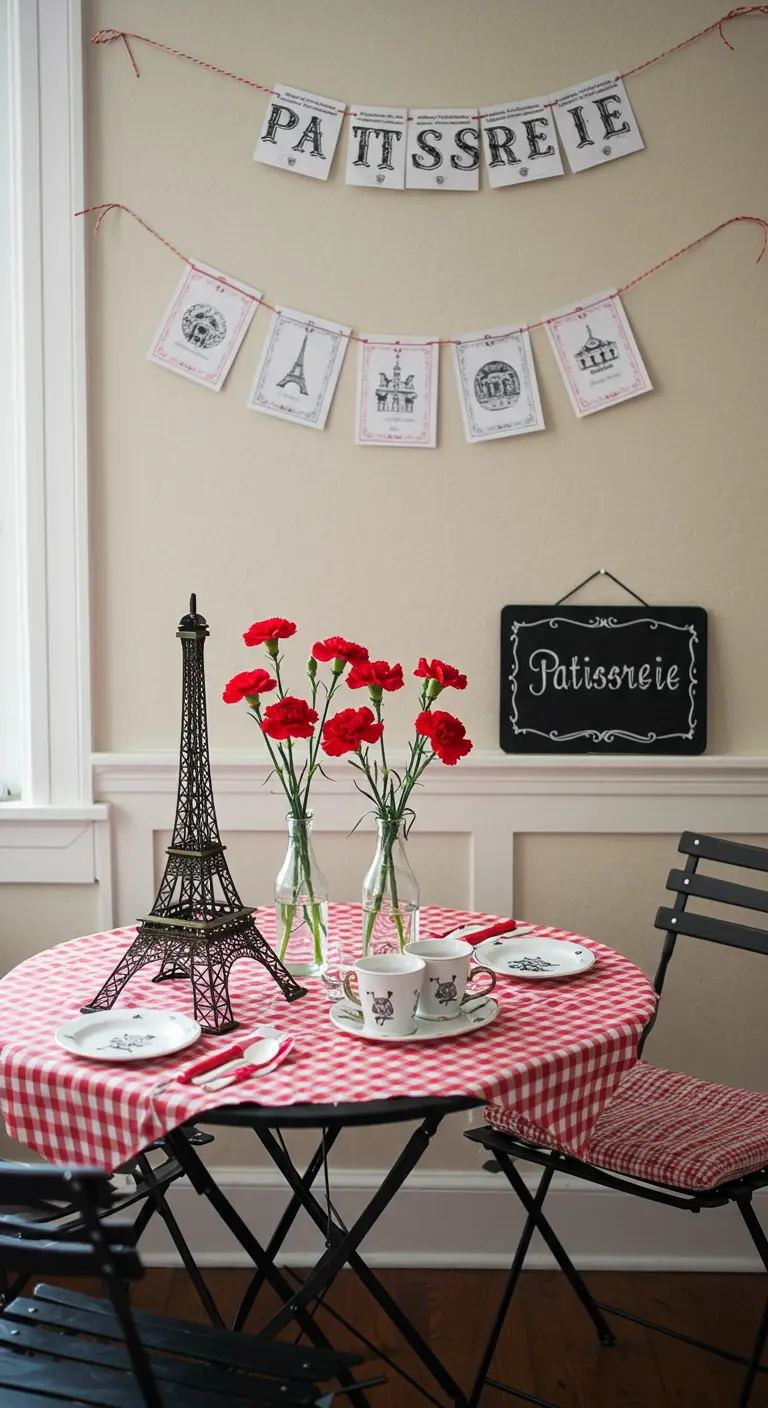 Bistrotafeltje in Parijse stijl met Eiffeltoren en rode anjers.