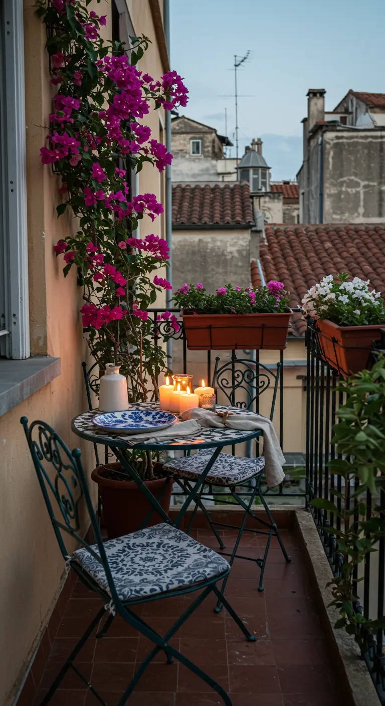 Klein balkon met een bistroset, roze bloemen en brandende kaarsen.