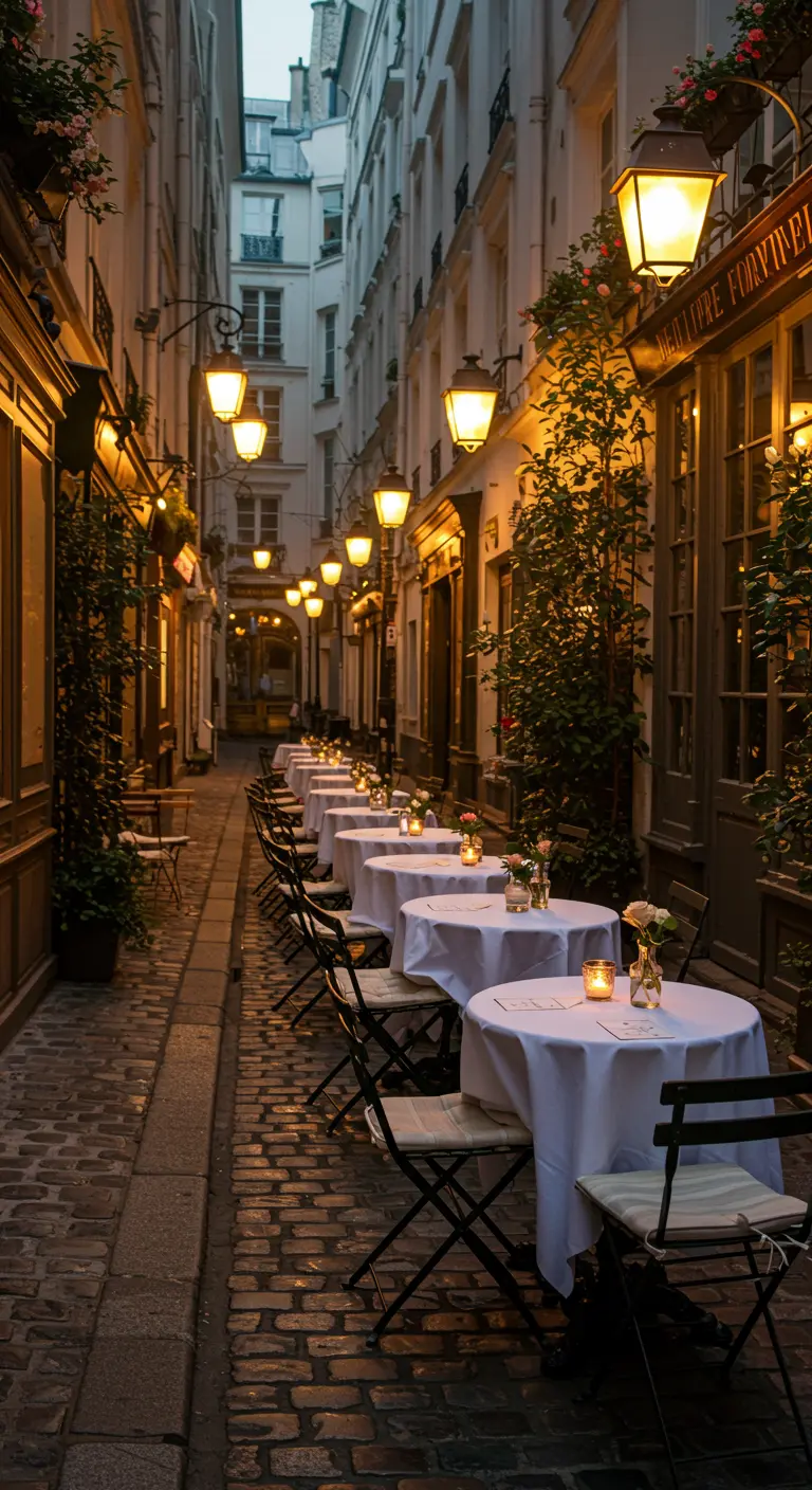 Parijse straat met kleine witte tafels, stoelen en warme straatlantaarns.