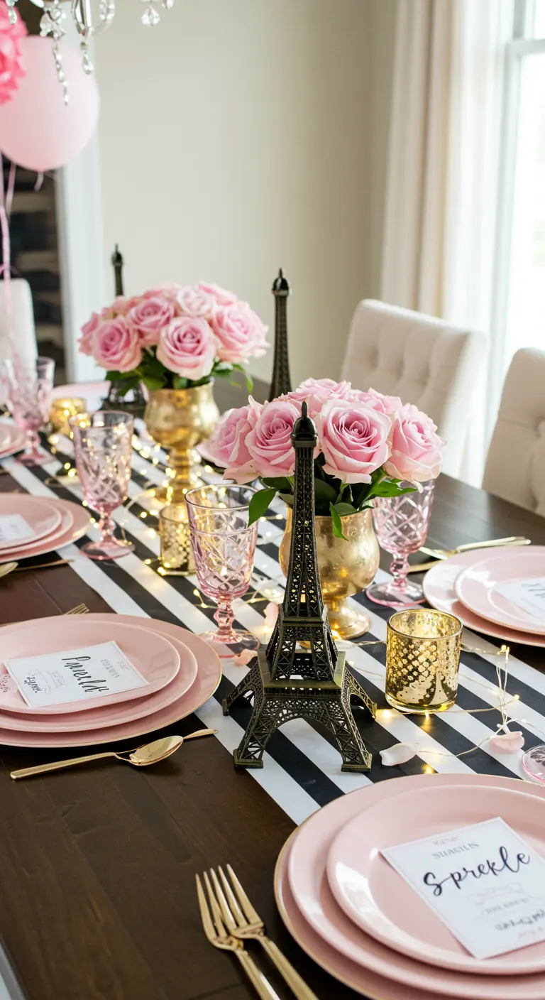 Parijs-thema tafel met gestreepte loper, roze rozen en miniatuur Eiffeltorens.
