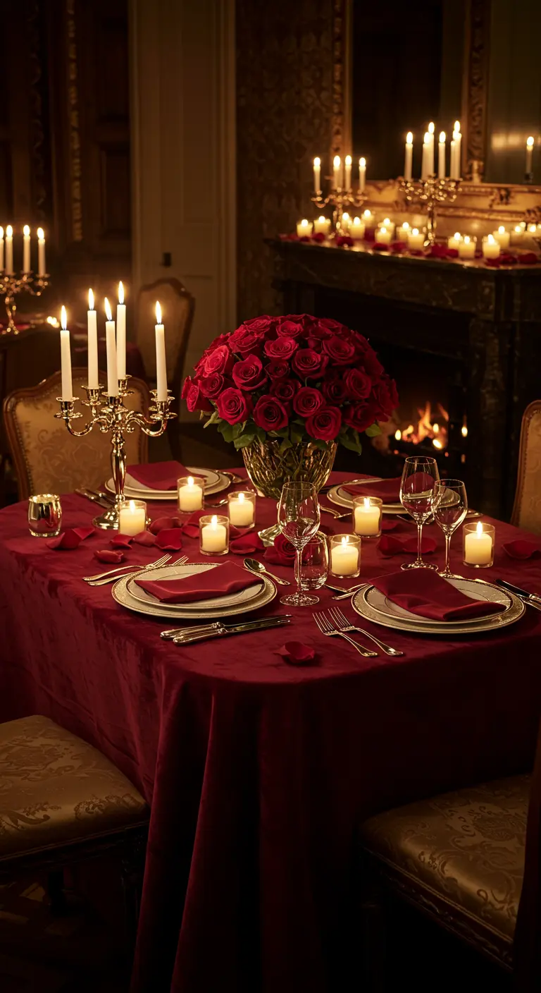 Romantisch gedekte tafel met een rood tafelkleed, rode rozen en veel kaarslicht.