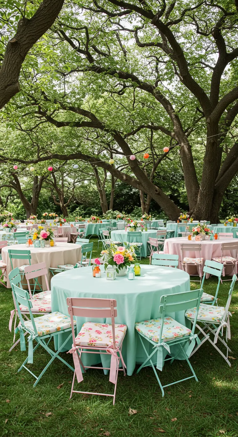 Tuinfeest met mintgroene en roze stoelen met bloemenkussens rondom gedekte tafels.