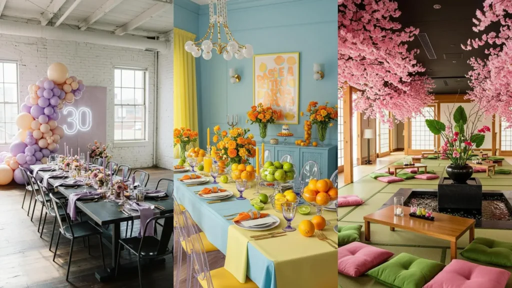 Kleurrijke en volwassen feestdecoraties met pasteltinten, levendige citrus en bloesem thema's.