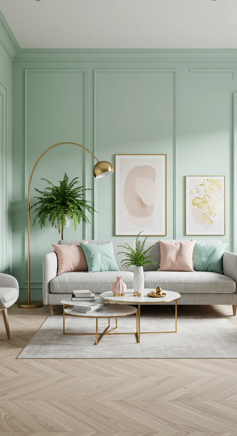 Mintgroene woonkamer met grijze bank, gouden booglamp en pastelkleurige kunst.