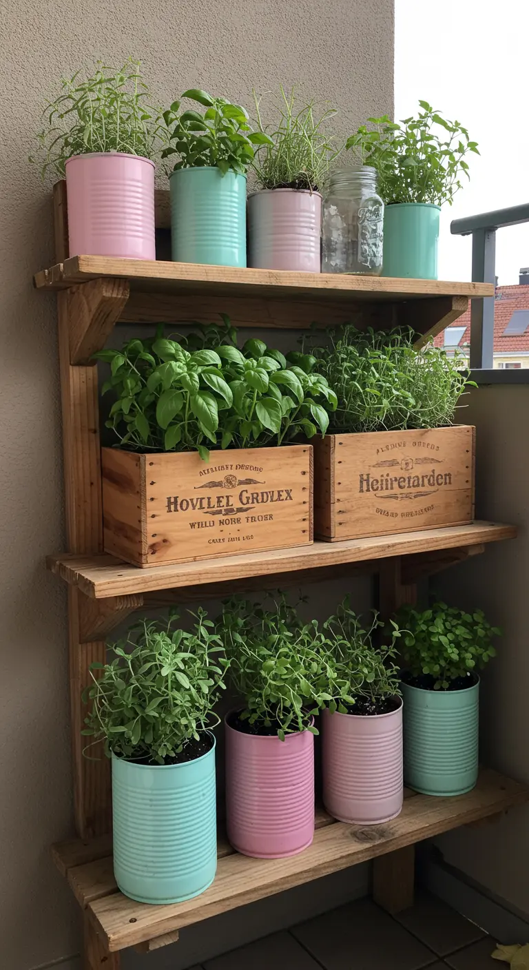 Houten rek met kruiden in pastelkleurige, geribbelde blikken en oude houten kistjes.