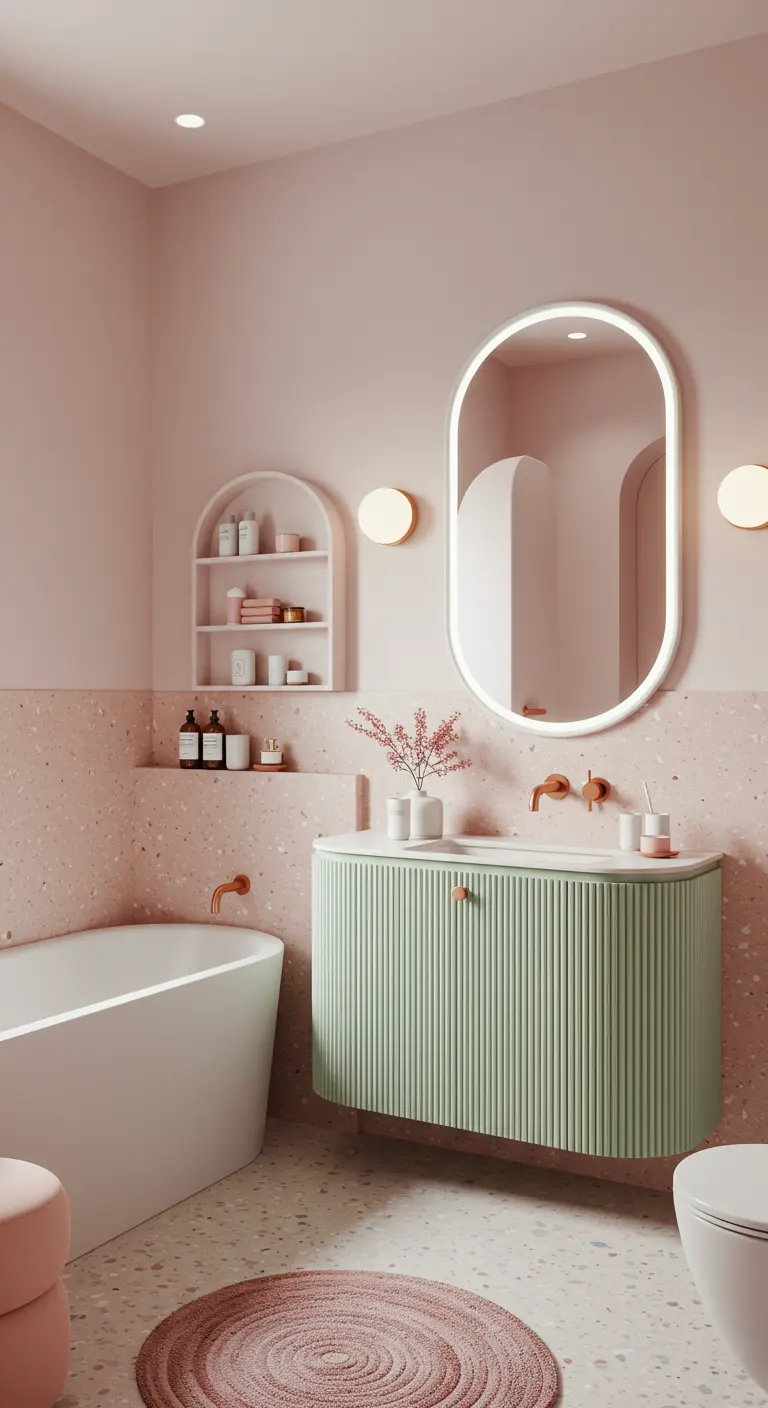 Moderne badkamer met roze muren, een mintgroen geribbeld meubel en een ovale spiegel.