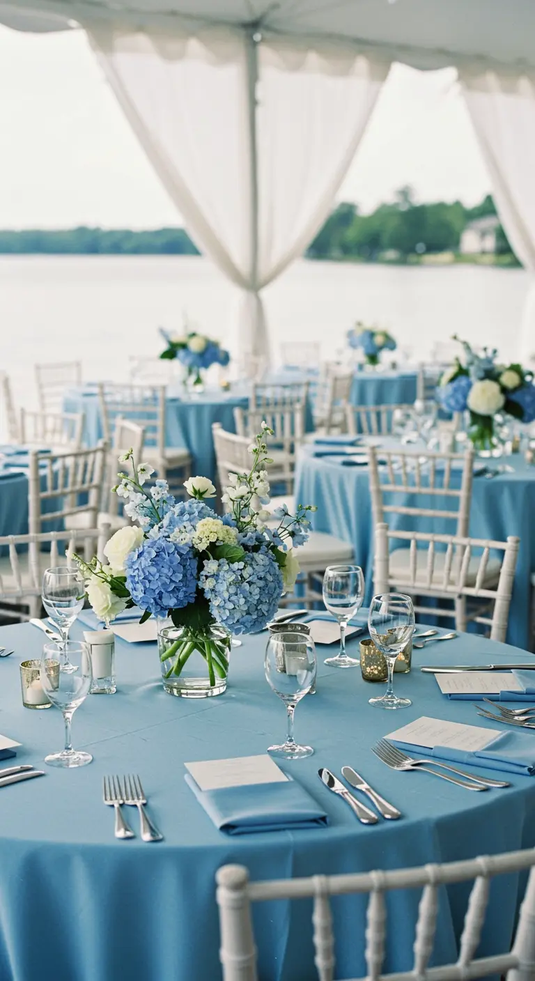 Ronde tafels met pastelblauwe kleden, blauwe en witte bloemen, aan een meer of oceaan.