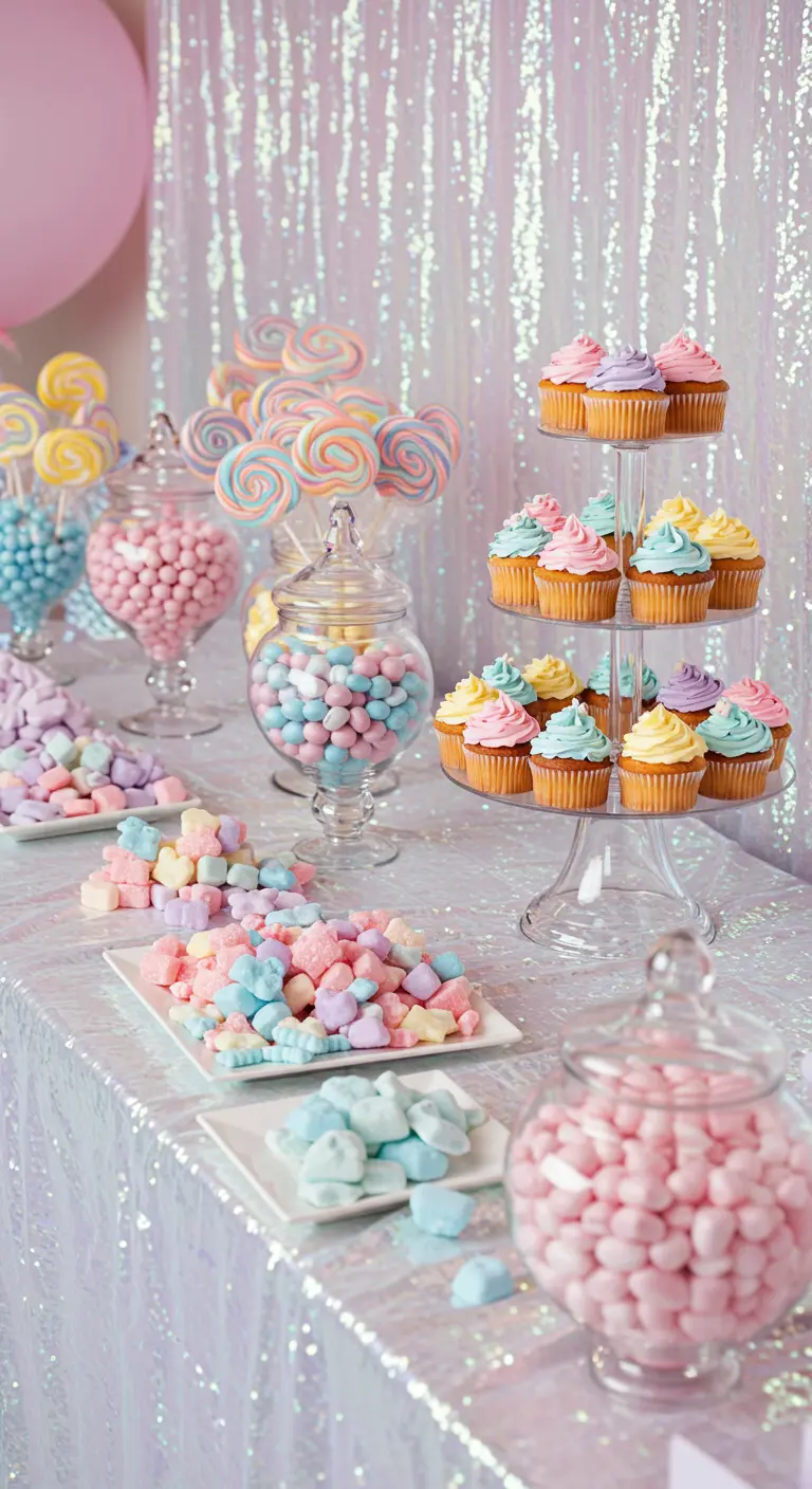 Candy bar met pastelkleurige cupcakes, lolly's en snoepjes tegen een glinsterende achtergrond.