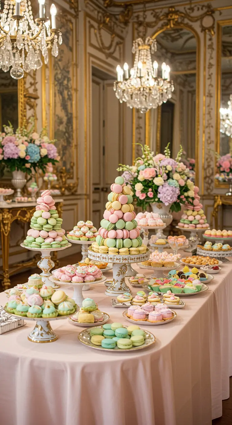 Luxe dessertbuffet met macarons en taartjes in een paleisachtige setting.