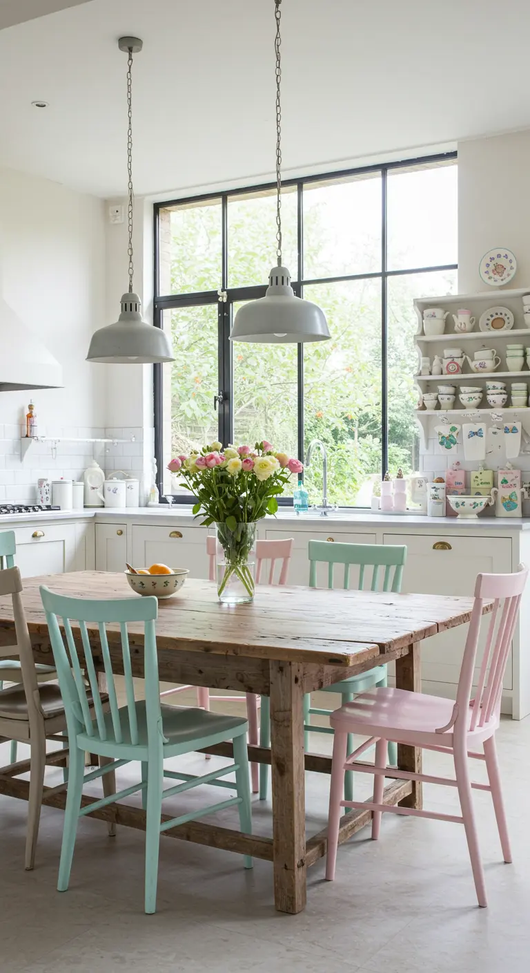 Eethoek met een grote houten tafel en pastelkleurige stoelen voor een groot industrieel raam.