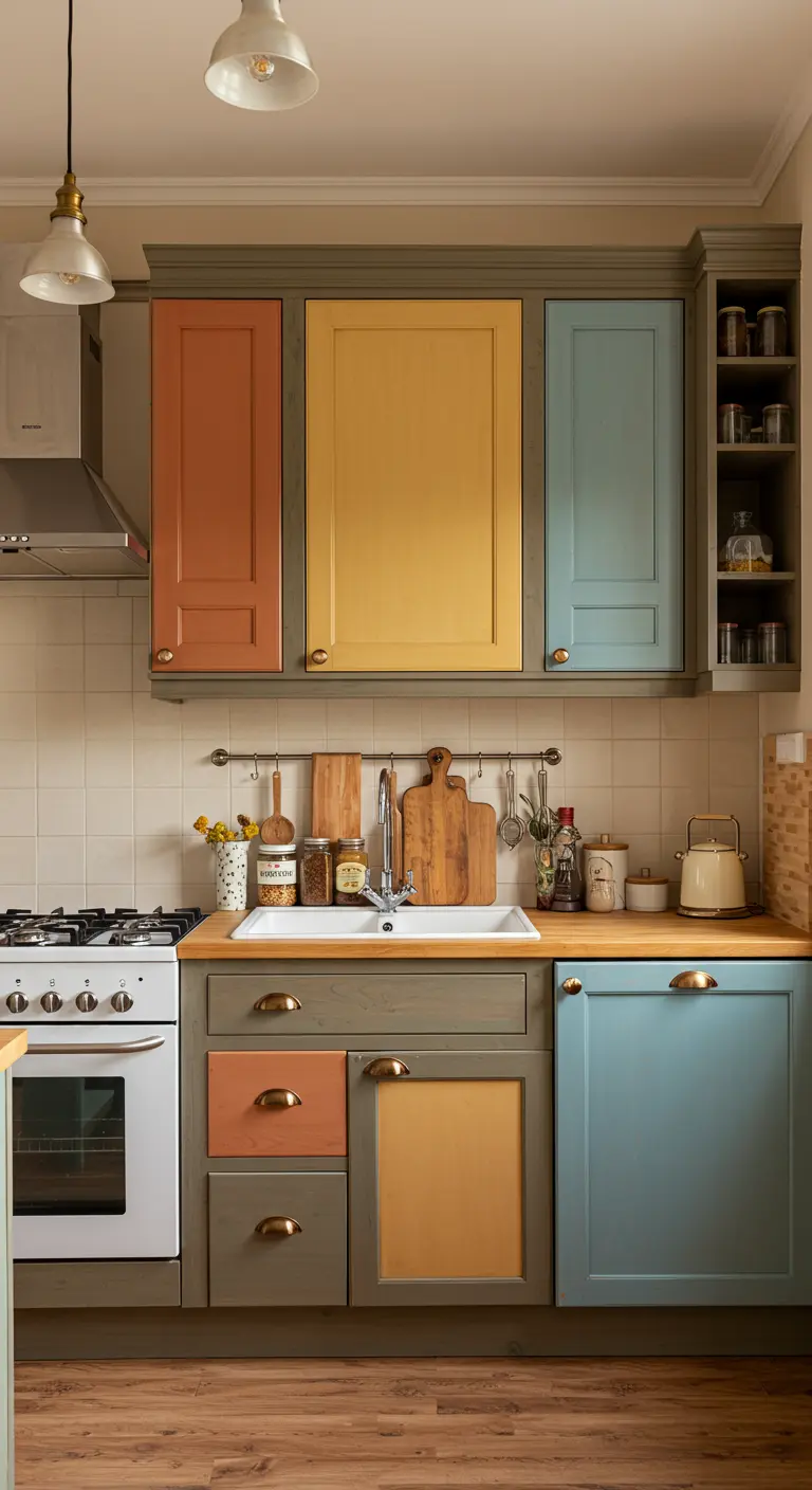 Landelijke keuken met kastjes in verschillende zachte kleuren zoals oranje, geel en blauw.