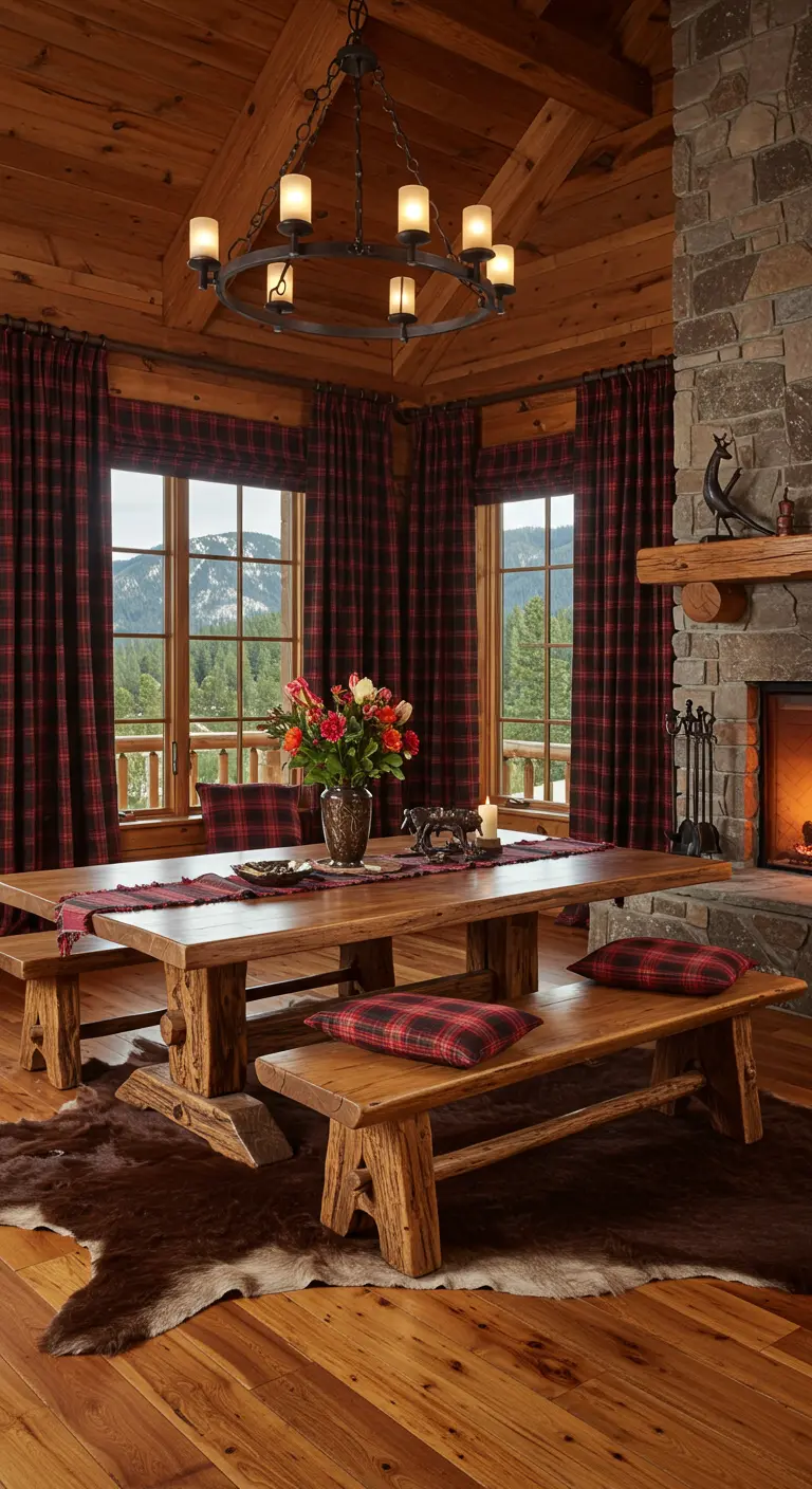 Rustieke eetkamer in een houten chalet met geruite gordijnen, een houten tafel en een dierenvacht.