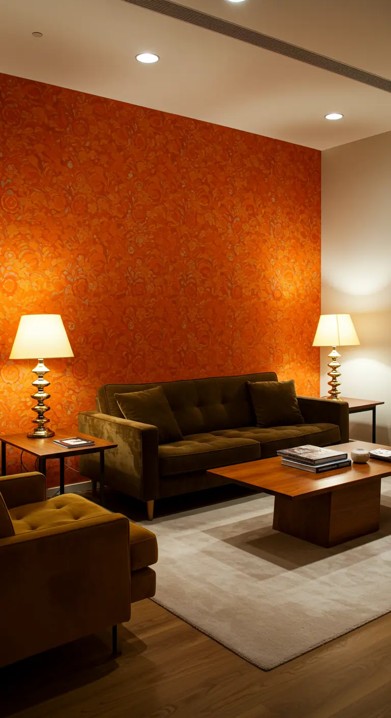 Woonkamer met opvallend oranje bloemenbehang, donkergroene fluwelen bank en vintage lampen.