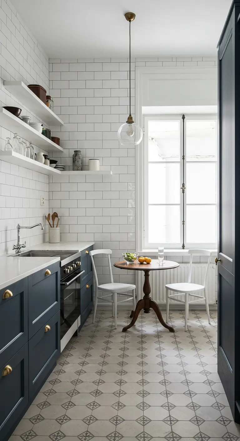 Keuken met donkerblauwe onderkasten, witte metro-tegels en een patroonvloer, kleine ronde eettafel