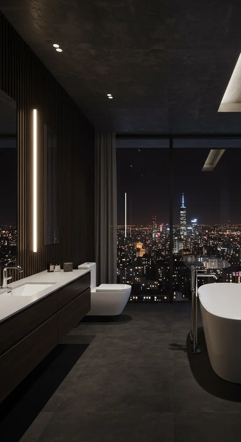 Luxe badkamer met donkere muren, een houten lattenwand en uitzicht over de stad.