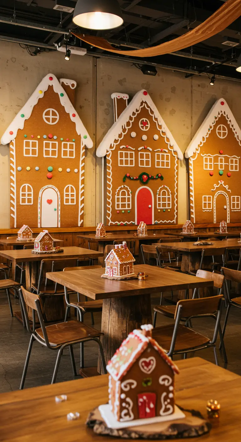 Houten tafels met peperkoekhuisjes als tafeldecoratie.