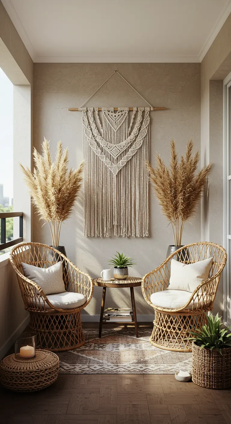 Symmetrisch ingericht balkon met twee rotan stoelen en een groot macramé-wandkleed.