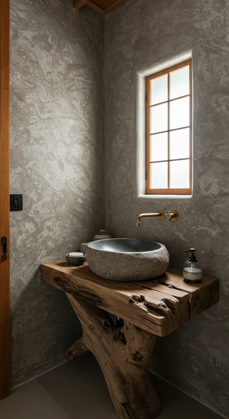 Badkamer in wabi-sabi stijl met ruwe muren, een houten wastafelblad en stenen waskom.