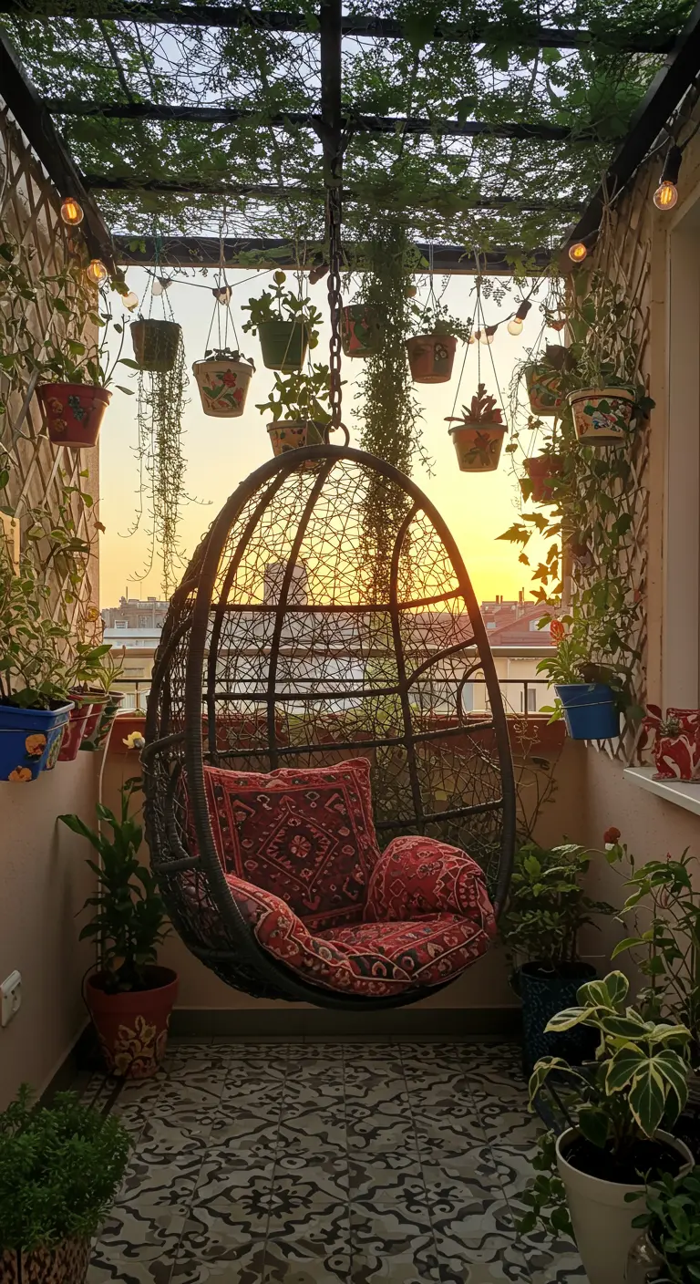 Donkere hangstoel onder een met planten en lampjes begroeid plafond tijdens zonsondergang.