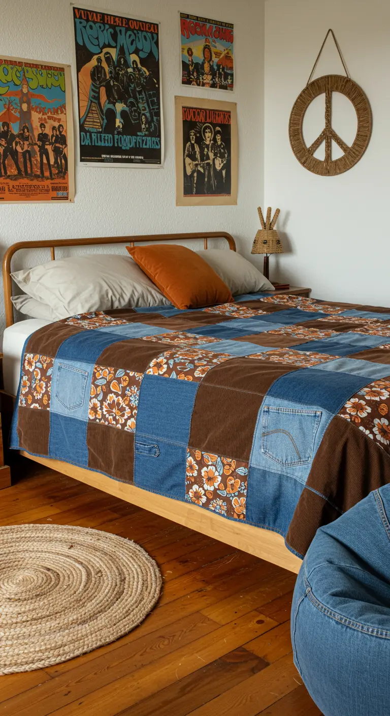 Slaapkamer met een patchwork deken, retro posters aan de muur en een rieten vredesteken.