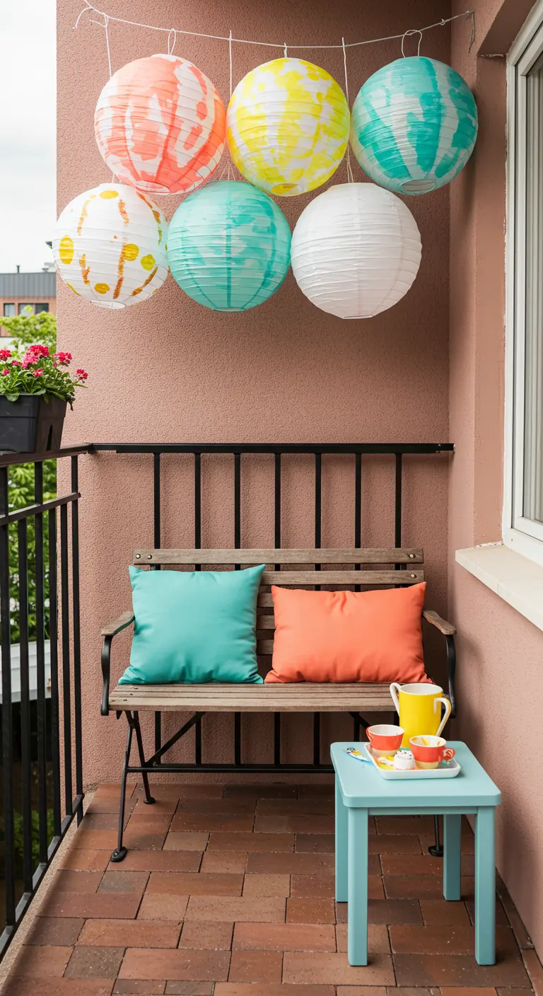 Witte lampionnen die zijn beschilderd met waterverf-achtige vegen in oranje, geel en turquoise.