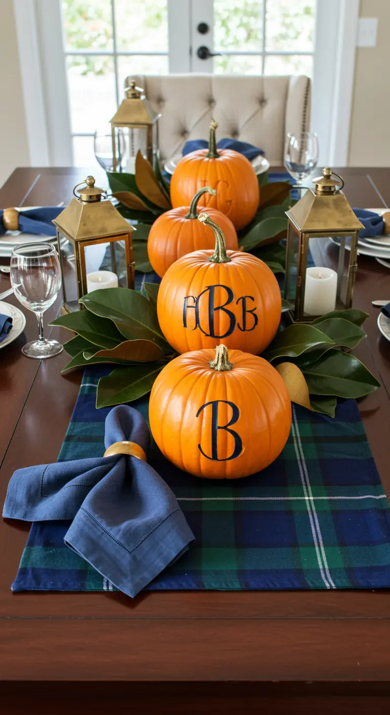 Herfsttafel met pompoenen voorzien van een monogram, magnoliabladeren en een ruiten loper.