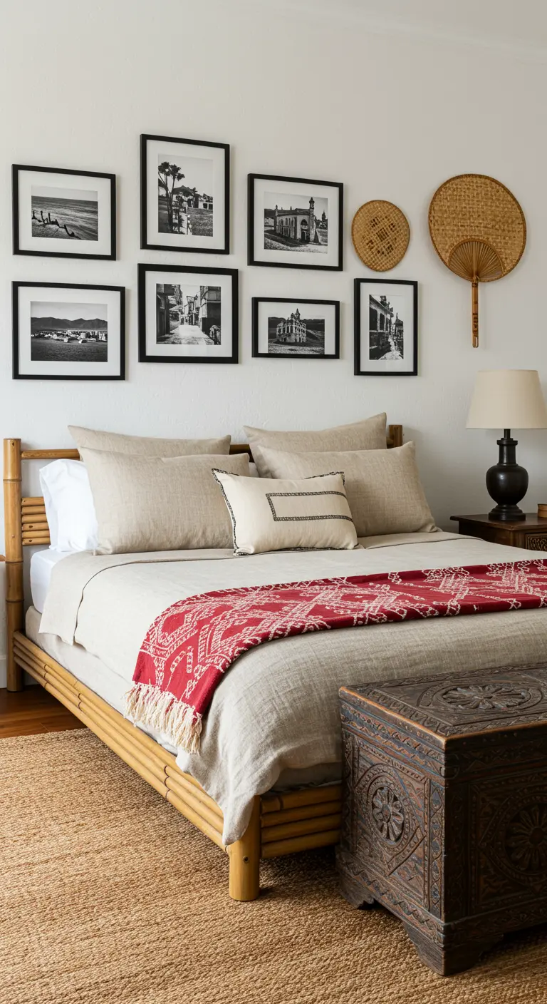 Slaapkamer met bamboe bed en een gallery wall van zwart-witfoto's erboven.