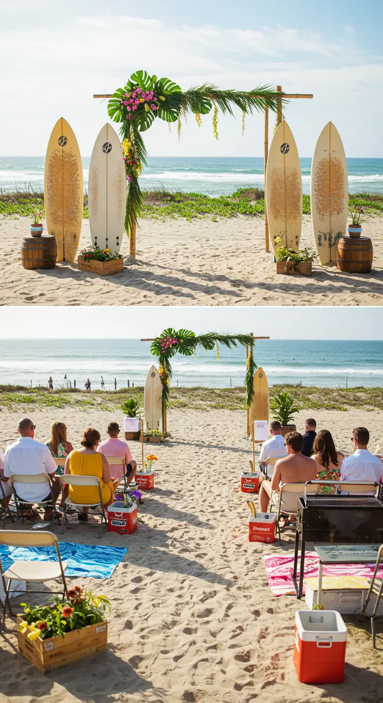 Trouwboog op het strand, creatief gevormd door vier surfplanken en tropische bloemen.