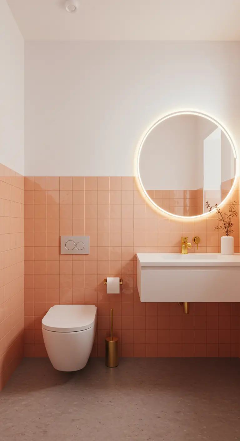 Compact toilet met perzikkleurige tegels, een zwevende wastafel en een ronde spiegel met ledverlichting.