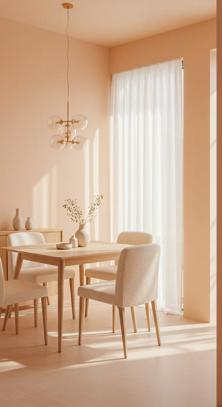 Lichte eetkamer met perzikkleurige muren, een houten tafel en witte bouclé stoelen.
