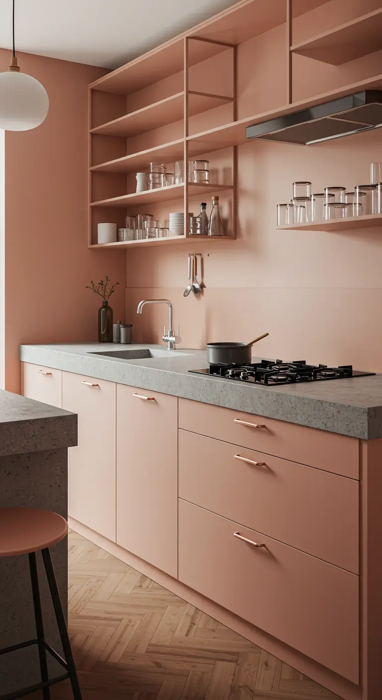 Keuken met perzikroze kasten en open planken, gecombineerd met een grijs betonnen aanrechtblad.