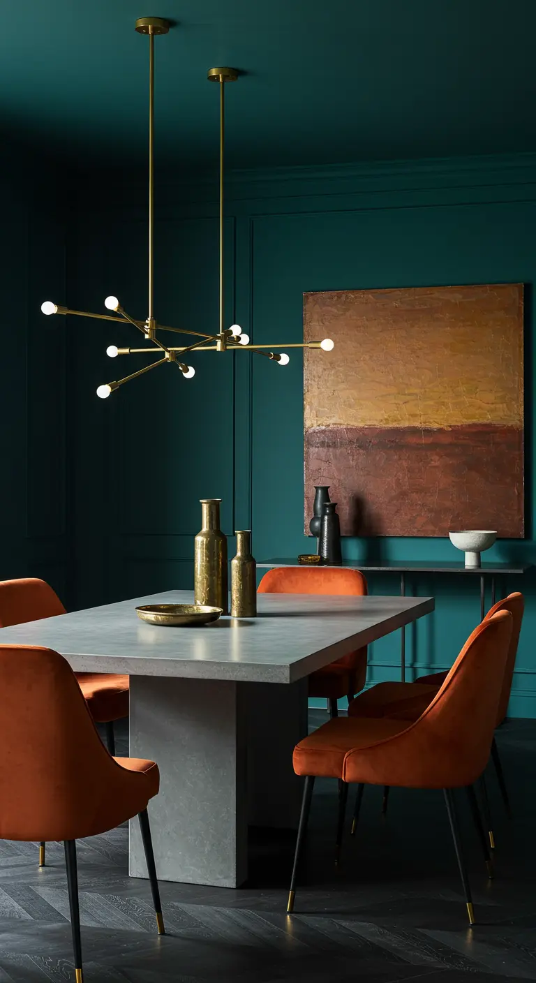 Moderne eetkamer met petrolkleurige muur, betonnen tafel en oranje fluwelen stoelen.
