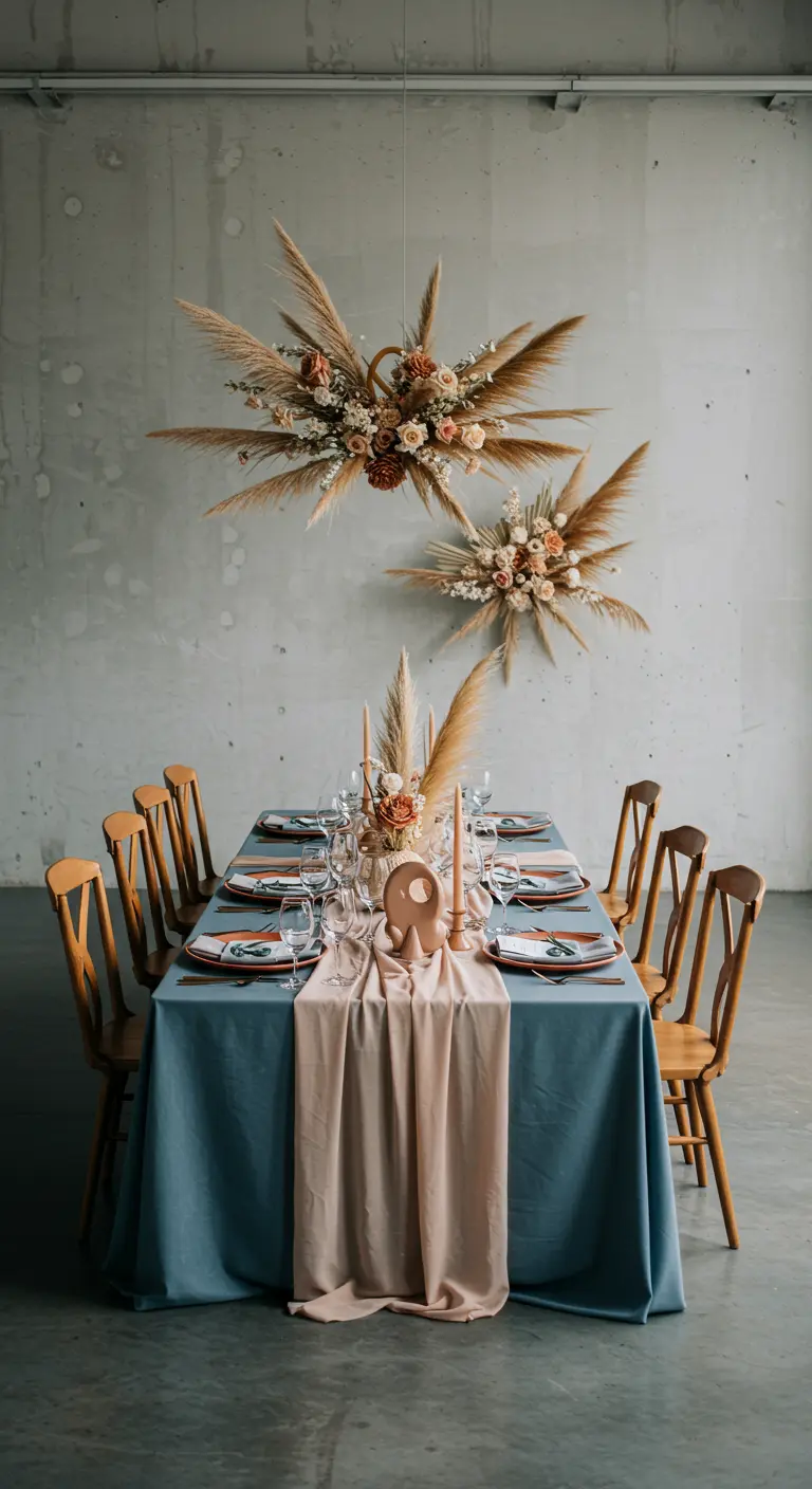 Modern gedekte tafel met petrolblauw kleed, poederroze loper en een hangende installatie van droogbloemen.