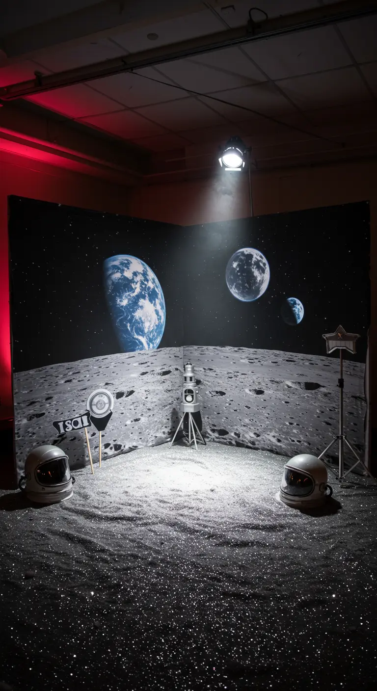 Photobooth met een maanlandschap-achtergrond, glittervloer en astronautenhelmen.