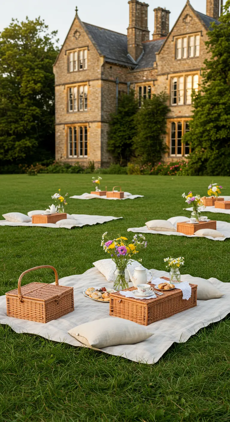 Chique picknick op gazon met rieten manden, bloemen en een landhuis op de achtergrond.