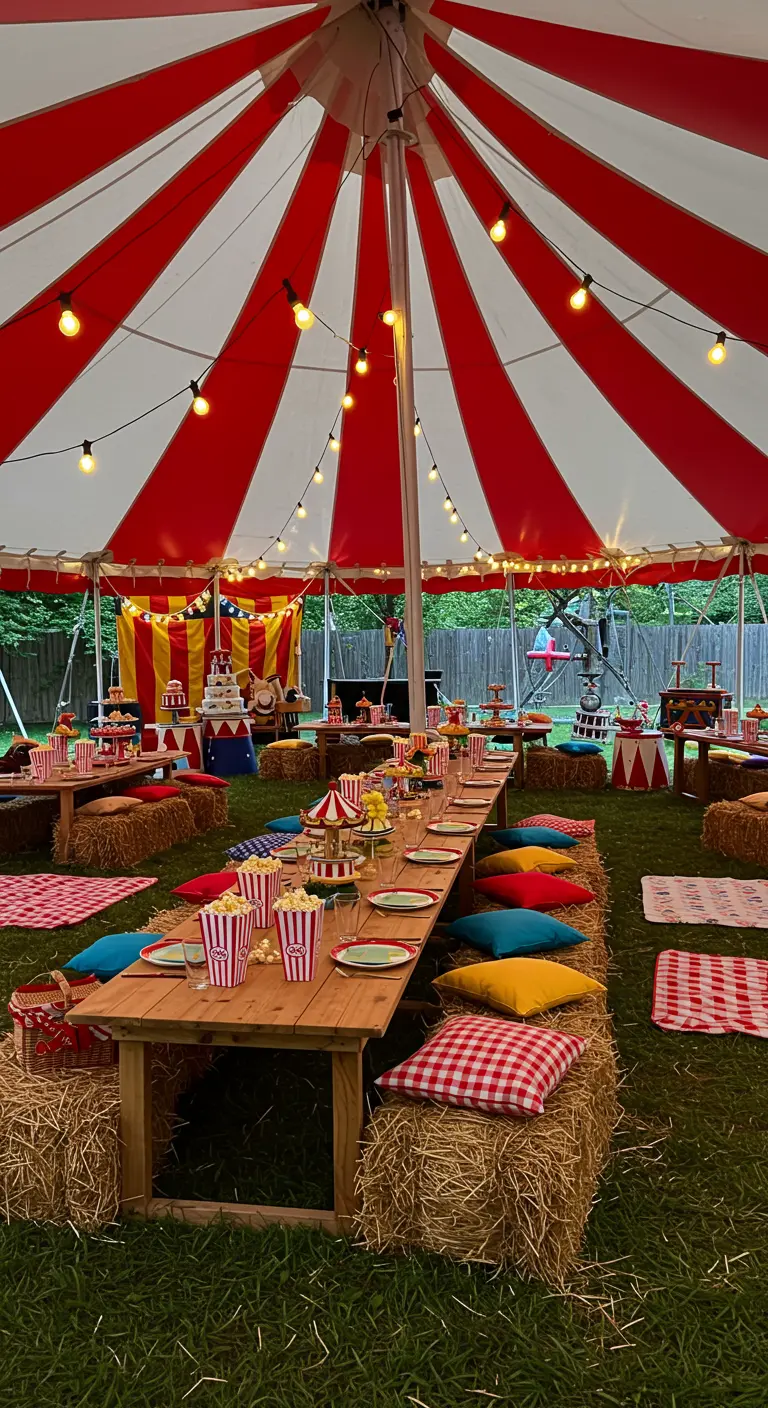 Kinderfeest in een rood-wit gestreepte circustent met hooibalen als zitplaatsen.