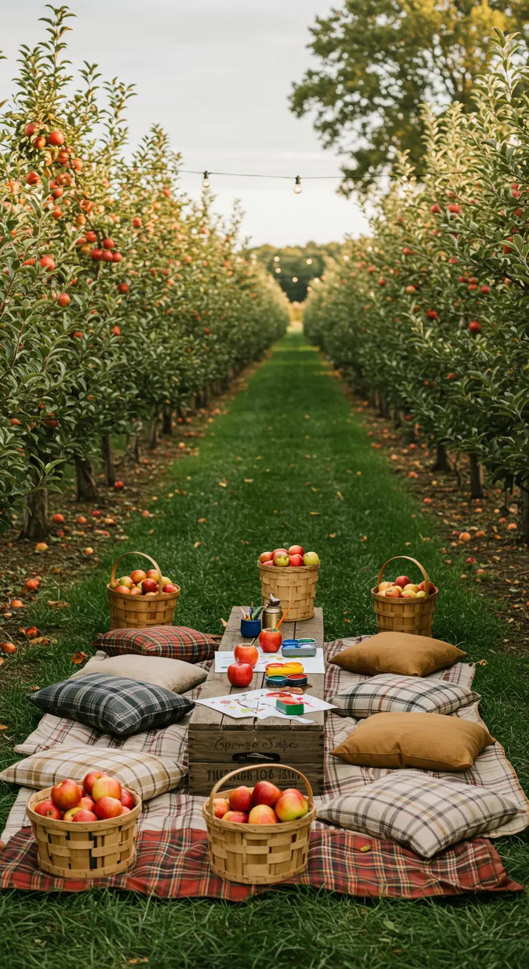 Kinderpicknick in een appelboomgaard met kleden, kussens en manden vol appels.