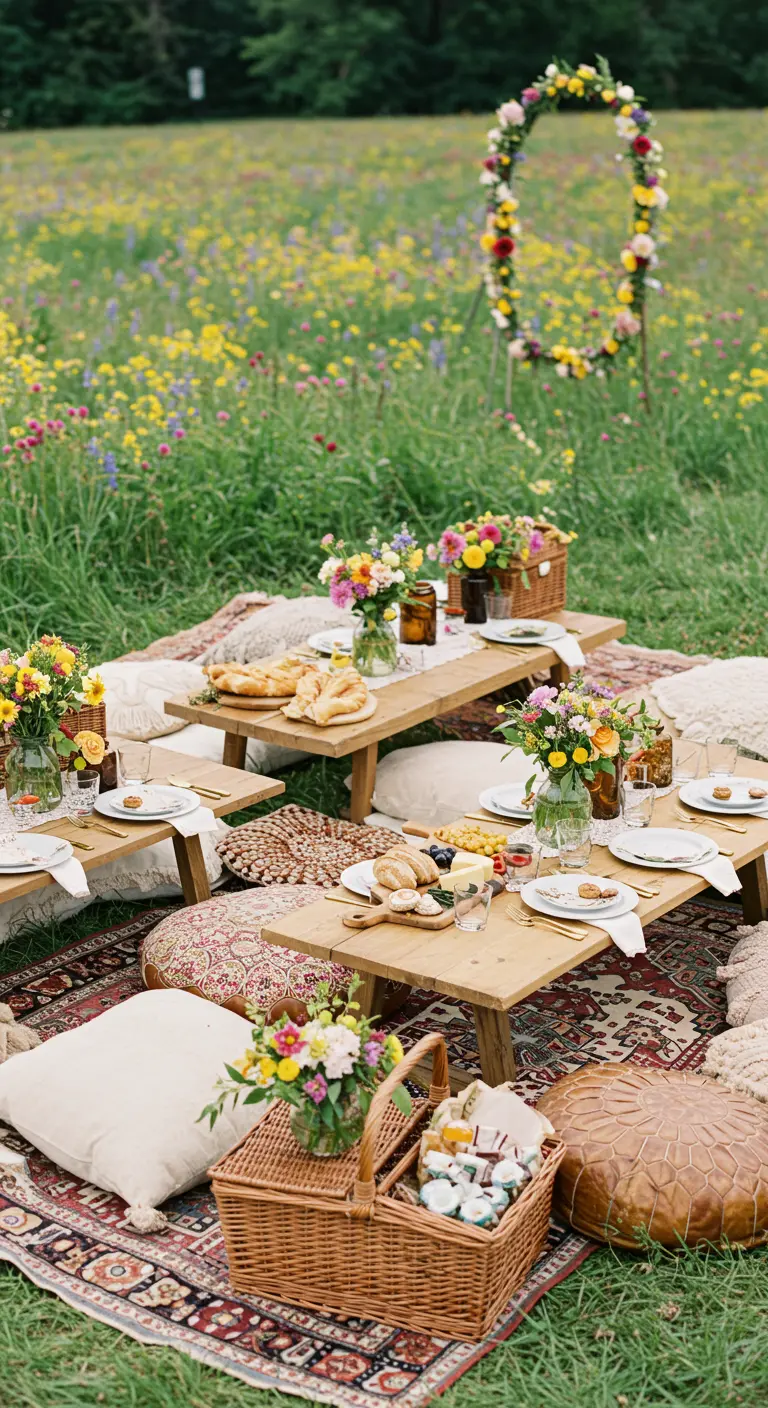 Romantische picknick in een veld vol wilde bloemen met lage tafels en kussens.