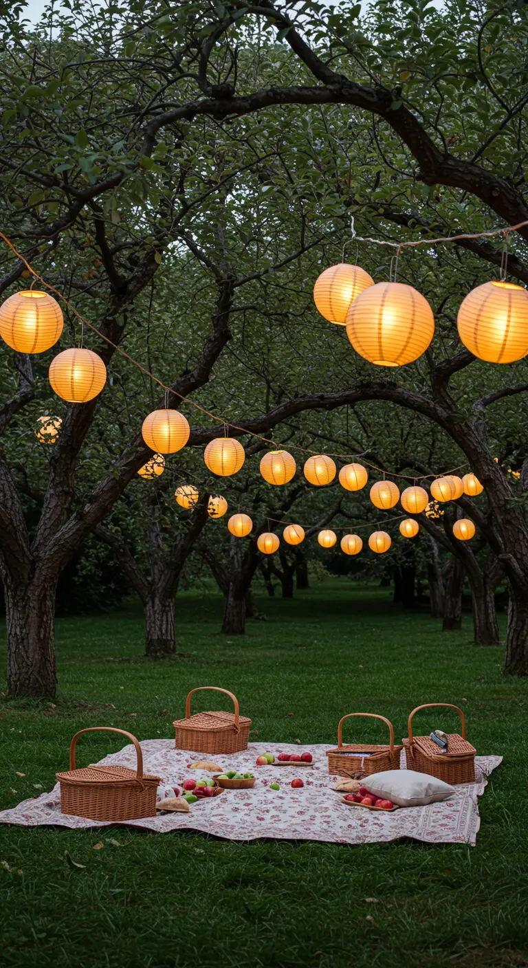 Een picknickkleed in een boomgaard, onder een boog van takken versierd met oranje lampionnen.