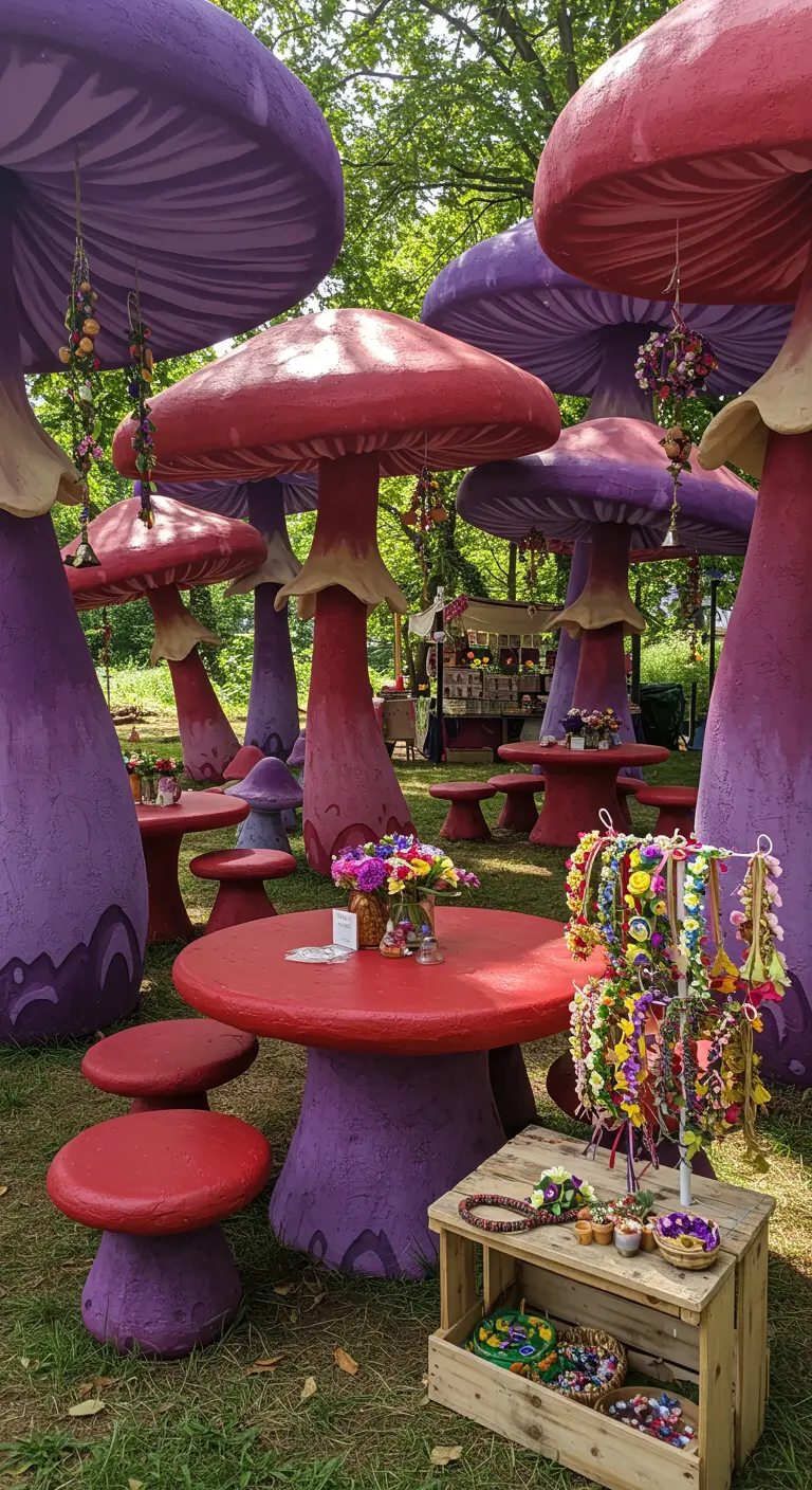 Feestsetting met grote, gekleurde paddenstoelen als tafels en krukjes.