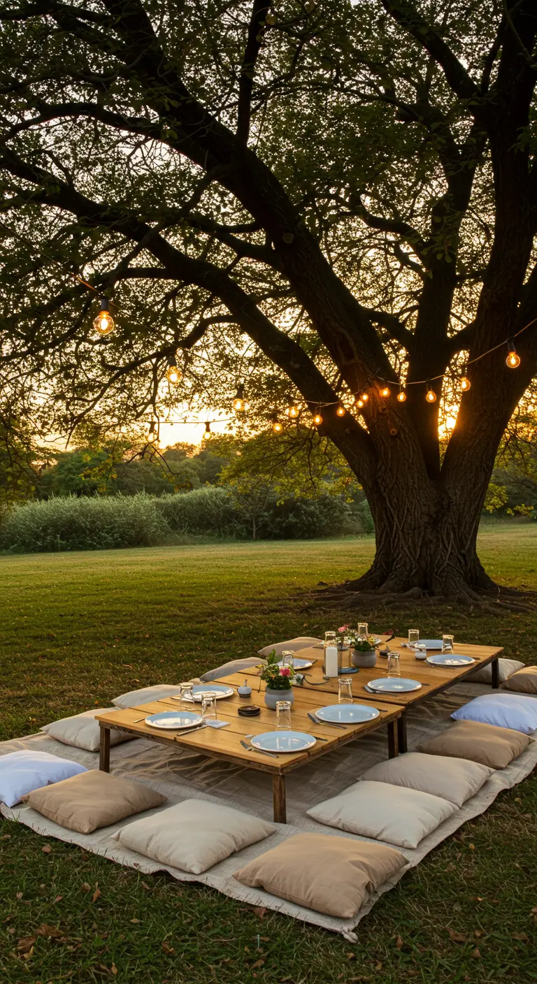 Lage houten picknicktafel in het gras onder een grote boom met een lichtslinger.