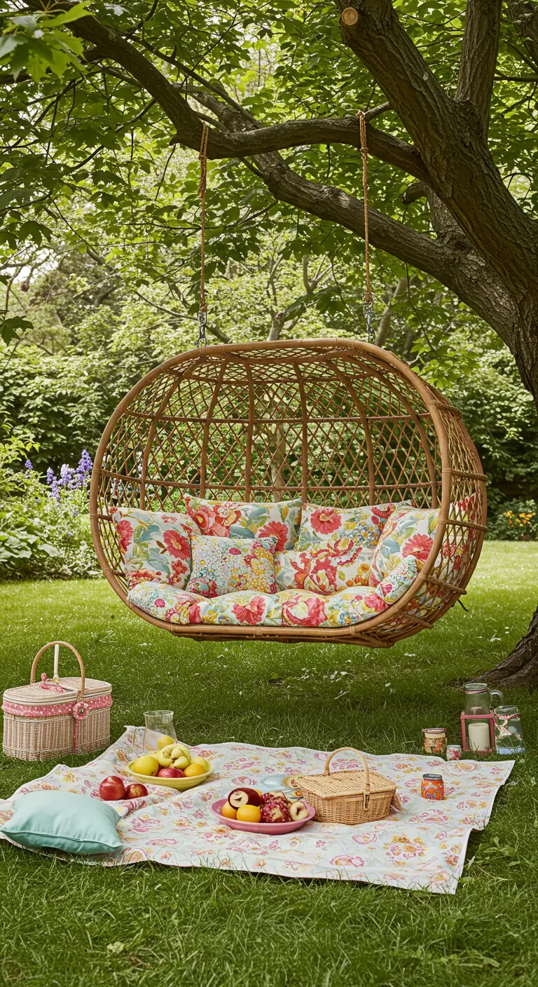 Grote rotan hangstoel met kleurrijke kussens in een tuin, met een picknickkleed ervoor.