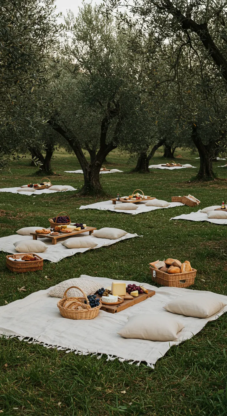Meerdere picknickkleden verspreid in een olijfgaard met kaasplankjes en brood.