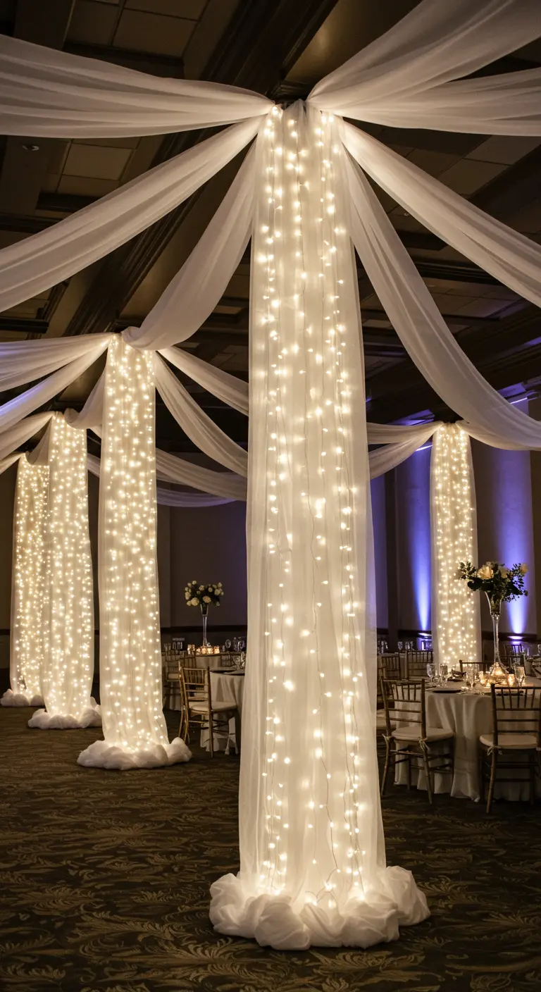 Pilaren in een feestzaal, omwikkeld met witte stof en verticale sprookjesverlichting.