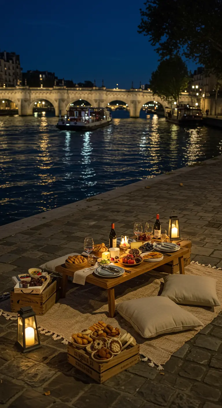 Picknick aan de Seine bij nacht, met een lage tafel, kussens en lantaarns.
