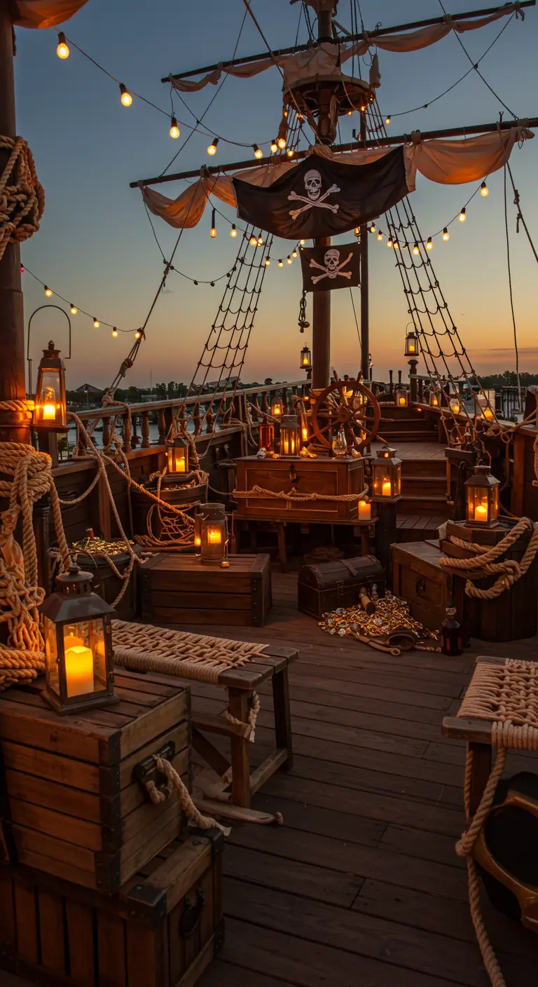 Piratenboot thema filmavond met lantaarns, touwen, vaten en een schatkist.